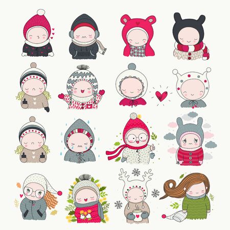 Collection of hand drawn cute characters children with different emotions - happy, sad, love, cartoon art, vector illustration. Boys and girls in funny beanies, for making stickers, t-shirts, cards.のイラスト素材