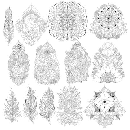 Set of black and white boho floral design elements for tattoos, invitations, posters, outline countour, oriental Asian Indian art objects isolated, mandalas, feathers, lotus flower. Vector.のイラスト素材