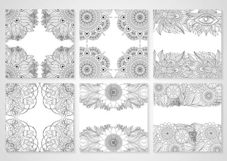 Set of cards with ethnic floral lace pattern with mandala and abstract patterns. Boho design. Black and white oriental Asian Indian ornaments borders, frames, contour. Vector art.のイラスト素材