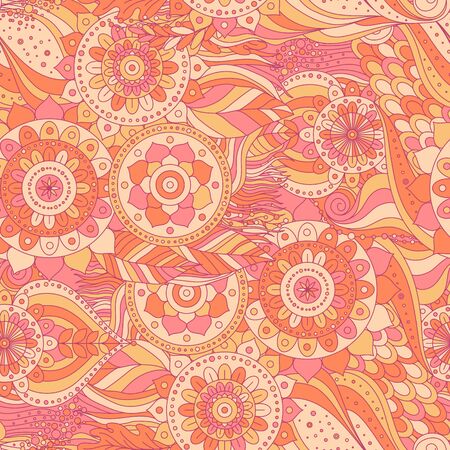 Boho ethnic tribal seamless pattern. Hand drawn wavy abstract ornament with floral details. Vector background.のイラスト素材