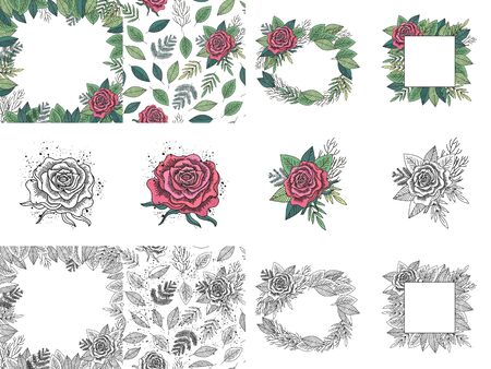 Set of floral design elements - wreaths, seamless patterns, red rose, leaves, frames, bouquet. Hand drawn illustrations. Colored, black and white objects. Vector illustration.のイラスト素材