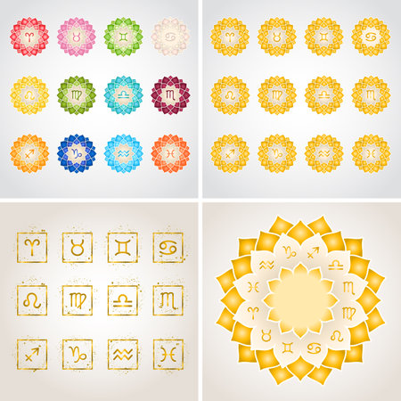 Zodiac signs icons and astorological circle. Gold and different colors vector design elements, symbols with golden splashのイラスト素材