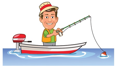 Funny Man Spending Holiday Fishing on Boatのイラスト素材