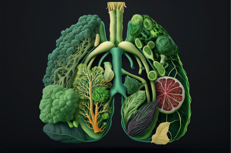 Human lungs with various vegetables and fruits on dark background. 3D renderingの素材