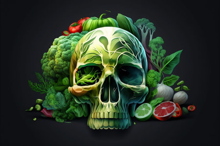 Skull with vegetables and fruits on dark background. Vector illustration.の素材