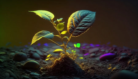 Young plant in the ground with neon lights. New life concept.の素材