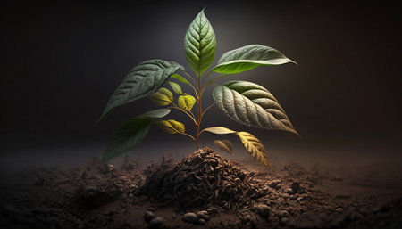 Plant in soil with light coming from above. 3D renderingの素材
