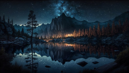 Mountain lake at night with reflection in water. 3D renderingの素材