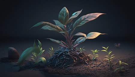 Plants growing in soil, 3d rendering. Computer digital drawing.の素材