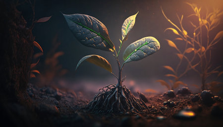 Green sprout growing out of soil. Conceptual image. 3D rendering AI Generatedの素材