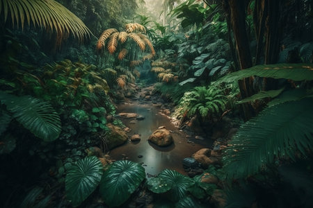 Tropical jungle with river and palm trees. 3d renderingの素材