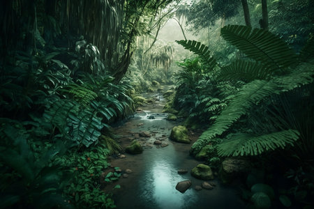 River in tropical rainforest with green foliage and rocks. Beautiful nature backgroundの素材