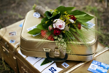 a Beautiful bride and groom, the road auto-stopの写真素材