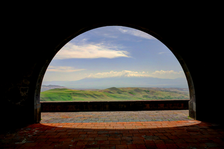 Charents Arch, view to Ararat mountain Armeniaの写真素材