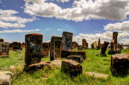 Stone slabs aha khachkar in Noratus cemetery, Armeniaの写真素材