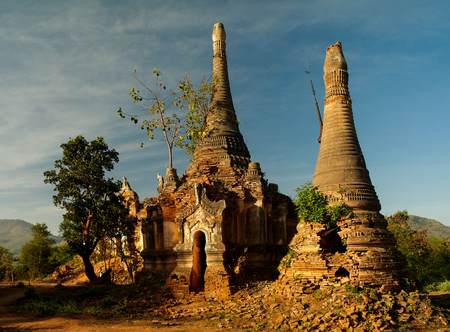 Ruined buddhist stupas in Inn Dein, Myanmarの写真素材