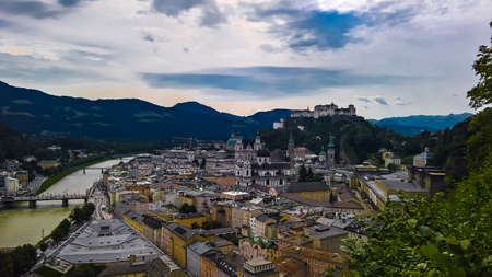 Aerial cityscape panorama view to Salzburg old city, Austriaの写真素材