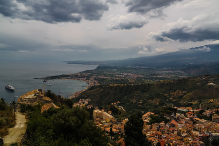 Aerial view to Taormina bay, Sicily, Italyの写真素材