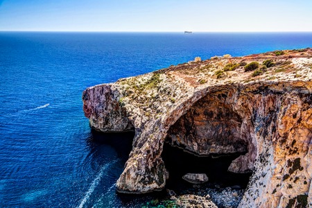 Panorama view to Blue Wall and Grotto cliffs, Maltaの写真素材