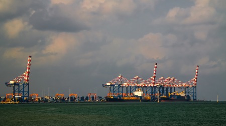 Panorama of Djibouti port with ships and cargo crane