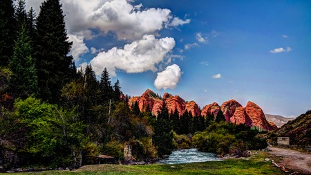Panorama view to Jeti-Oguz aka Seven Bulls canyon, Kyrgyzstanの写真素材