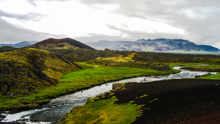 Panorama of Huseyjarkvisl source river valley at sunset in Icelandの写真素材