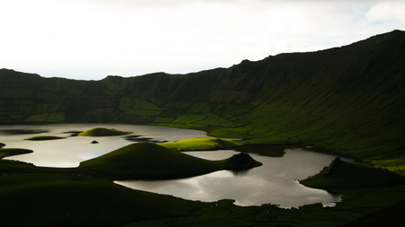 Landscape sunset view to Caldeirao crater at Corvo island, Azores, Portugalの写真素材