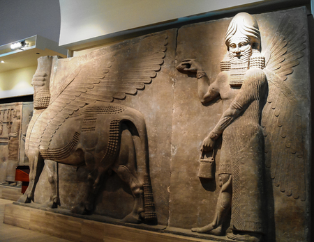 Bas of human-headed winged bull statues aka lamassu in Baghdad, Iraqのeditorial素材