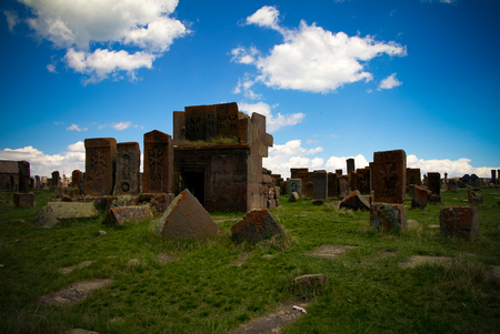Stone slabs aha khachkar in Noratus cemetery, Armeniaの写真素材