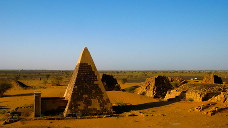 Panorama of Meroe pyramids in the desert at sunset in Sudan,の写真素材