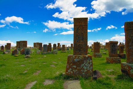 Stone slabs aha khachkar in Noratus cemetery, Armeniaの写真素材