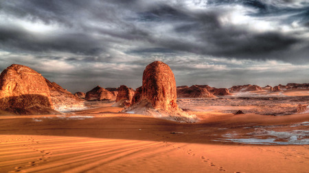 Panorama of El-Agabat valley in White desert at sunset, Sahara, Egyptの写真素材