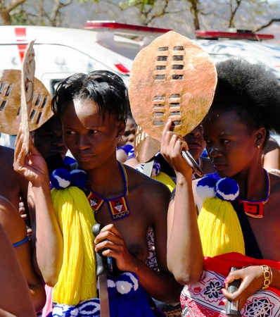 Women in traditional costumes before the Umhlanga aka Reed Dance ceremony - 01-09-2013 Lobamba, Swazilandのeditorial素材