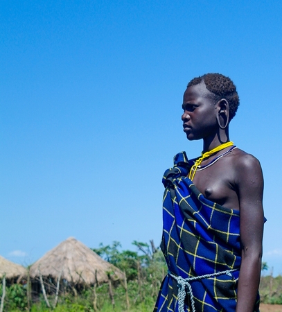 Mursi tribe woman - 05 october 2012 , Omo valley, Ethiopiaのeditorial素材