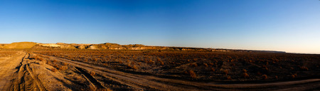 Panorama view to Plateau Ustyurt from the edge of Aral sea near Aktumsuk cape at sunrise in Karakalpakstan, Uzbekistanの写真素材