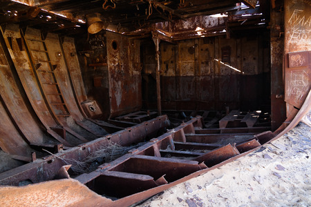 Panorama of ship cemetery near Moynaq at sunrise in Karakalpakstan, Uzbekistanの写真素材