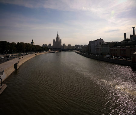 View to Moscow river from the pedestrian bridge of modern park Zaryadye in Moscow, Russiaの写真素材