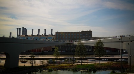 Landscape of modern park Zaryadye and soaring pedestrian bridge in Moscow, Russiaのeditorial素材