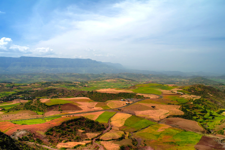 Aerial Panorama of Semien mountains and valley with fields of teff around Lalibela,Ethiopiaの写真素材