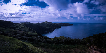 Panorama view to coastline of Sao Miguel island from Santa Iria viewpoint in Azores. Portugalの写真素材