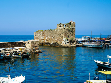 View to ruined Byblos port at Jbail, Lebanonの写真素材