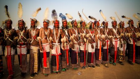 Men dancing Yaake dance and sing at Guerewol festival - 23 september 2017 InGall village, Agadez, Nigerのeditorial素材