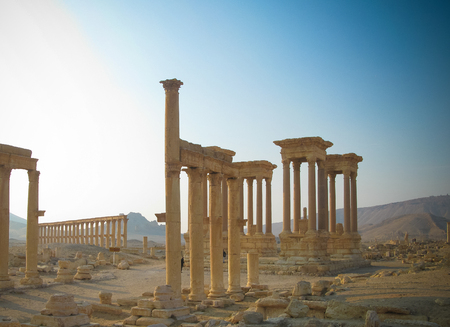 Panorama of Palmyra columns, Tetrapylon and ancient city, destroyed now, Syriaの写真素材