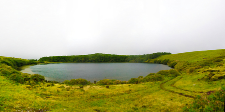 Panoramic view to Caldeira Lomba lake at Flores island at Azores. Portugalの写真素材