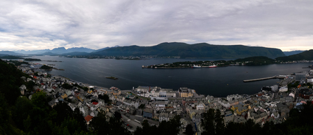 Sunset panorama view to Alesund from Fjellstua viewpoint at Norwayの写真素材