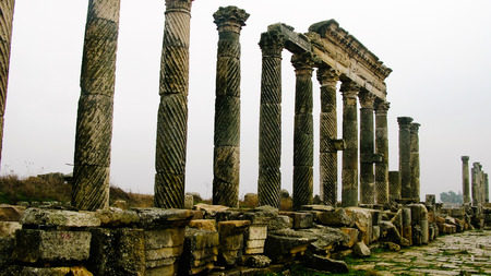 Great Colonnade at Apamea in fog, partially destroyed now , Syriaのeditorial素材