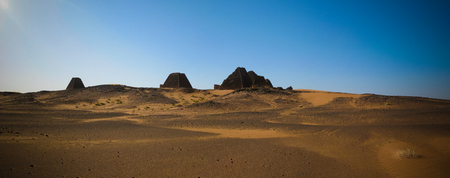 Panorama of Meroe pyramids in the desert at sunrise in Sudan,の写真素材