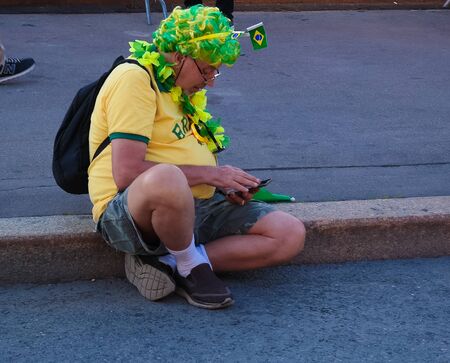 Brazilian Football fans in the FIFA fan fest at Sparrow Hills aka Vorobyovy Gory in Moscow at FIFA football world cup - 27 June 2018, Moscow, Russiaのeditorial素材