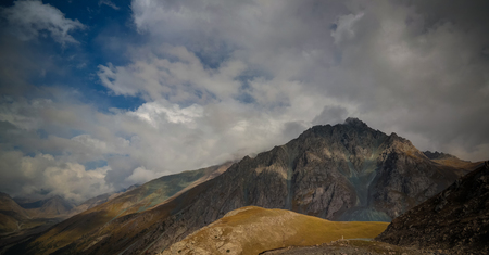 Panoramic view to Barskoon pass, river and gorge and Sarymoynak pass at Jeti-Oguz, Kyrgyzstan