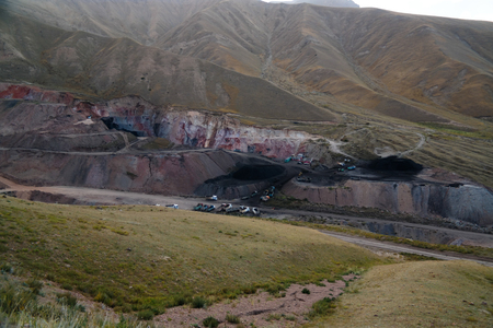 Panorama view to Tian Shan mountain and Coal Mine Kara-Keche at Naryn Province, Kyrgyzstan